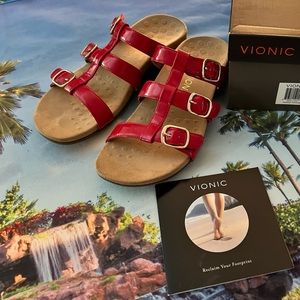 Like New! Vionic Misa Red Patent Sandals w/ Gold Trim. Adjustable straps. 10.